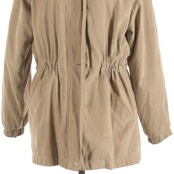 London Fog Coat Insulated Lined Zip Up Mock Neck Drawstring Waist Tan Sz S - Picture 5 of 13